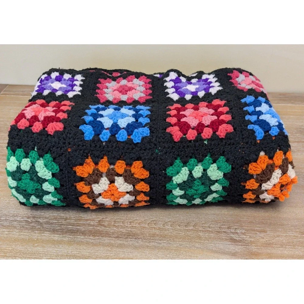 VTG Granny Square Roseanne Afghan Crochet Multicolor Blanket Throw Colorful READ